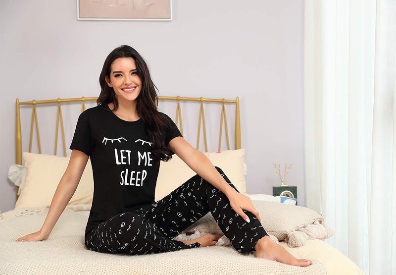 EISHOPEER Women's Sleepwear Jersey Printed Short Sleeve Tee and Pjs Sets Black M - Image 5
